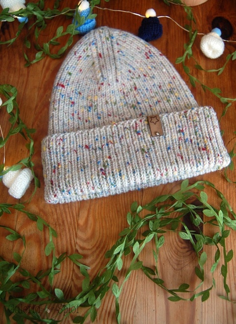 czapka wywijana tweed- wełna organiczna