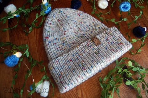 czapka wywijana tweed- wełna organiczna