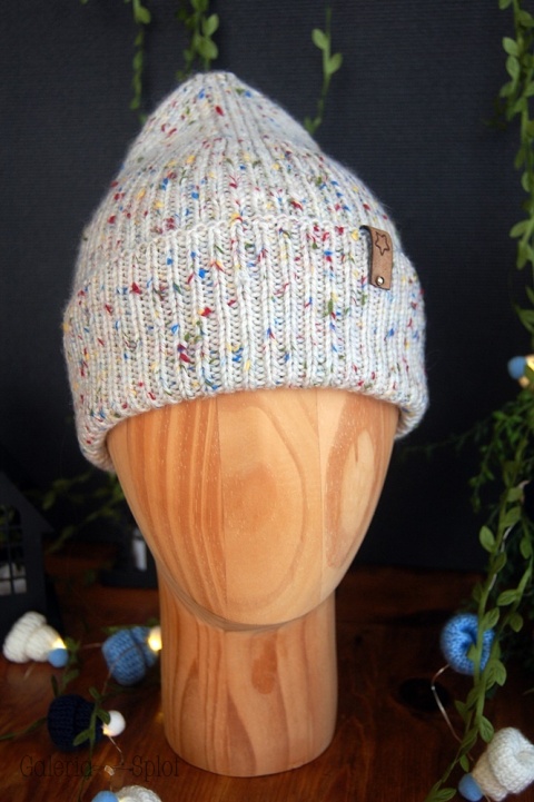 czapka wywijana tweed- wełna organiczna